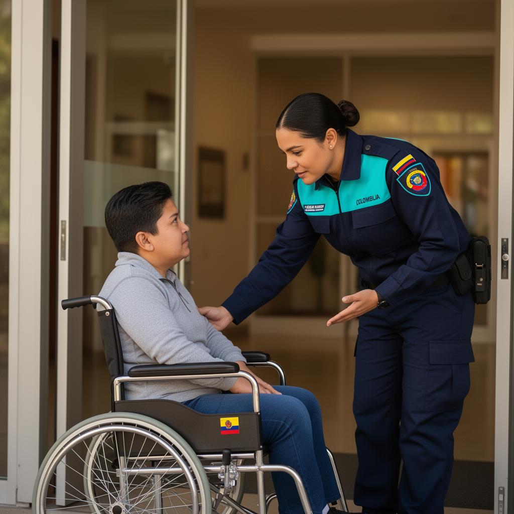 Vigilante de Ecolvip atendiendo con respeto a una persona usuaria de silla de ruedas, comunicándose a su altura