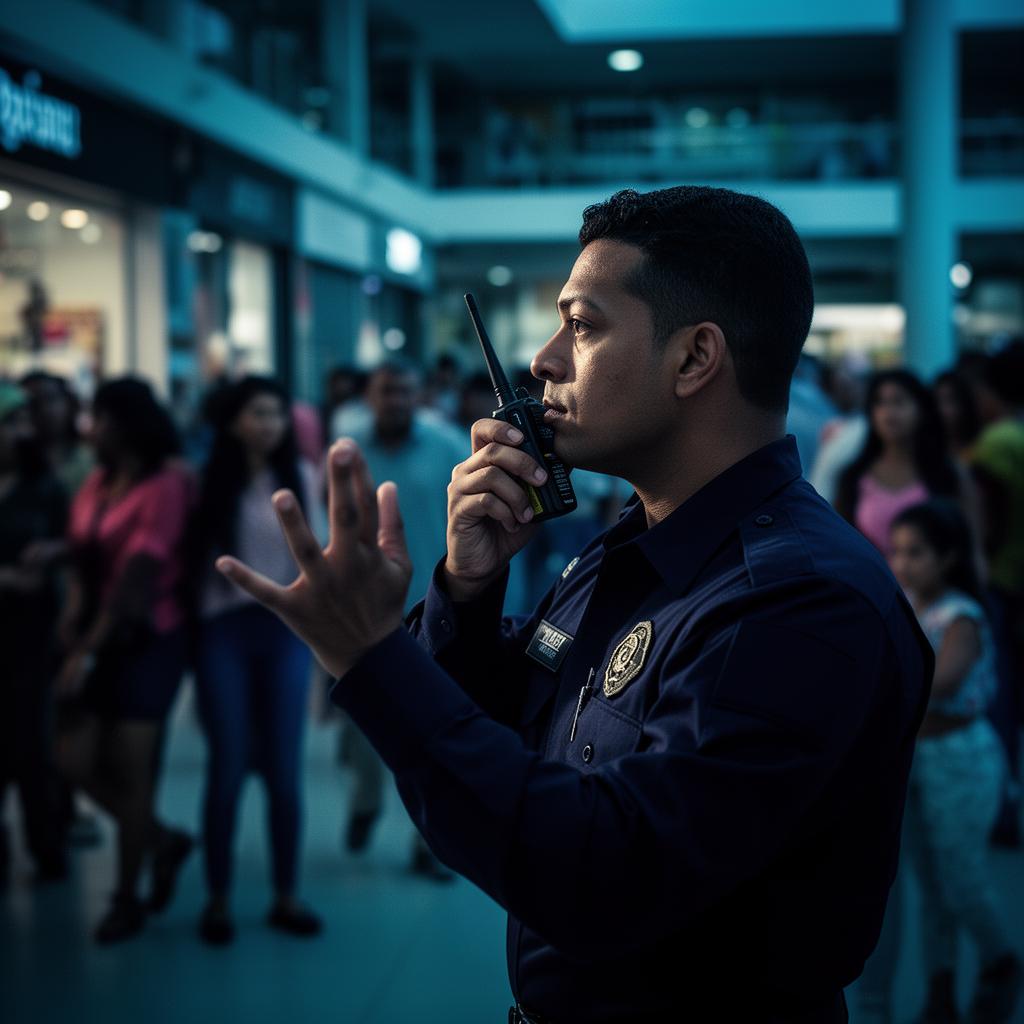 Supervisor de seguridad coordinando por radio mientras observa el entorno con calma profesional