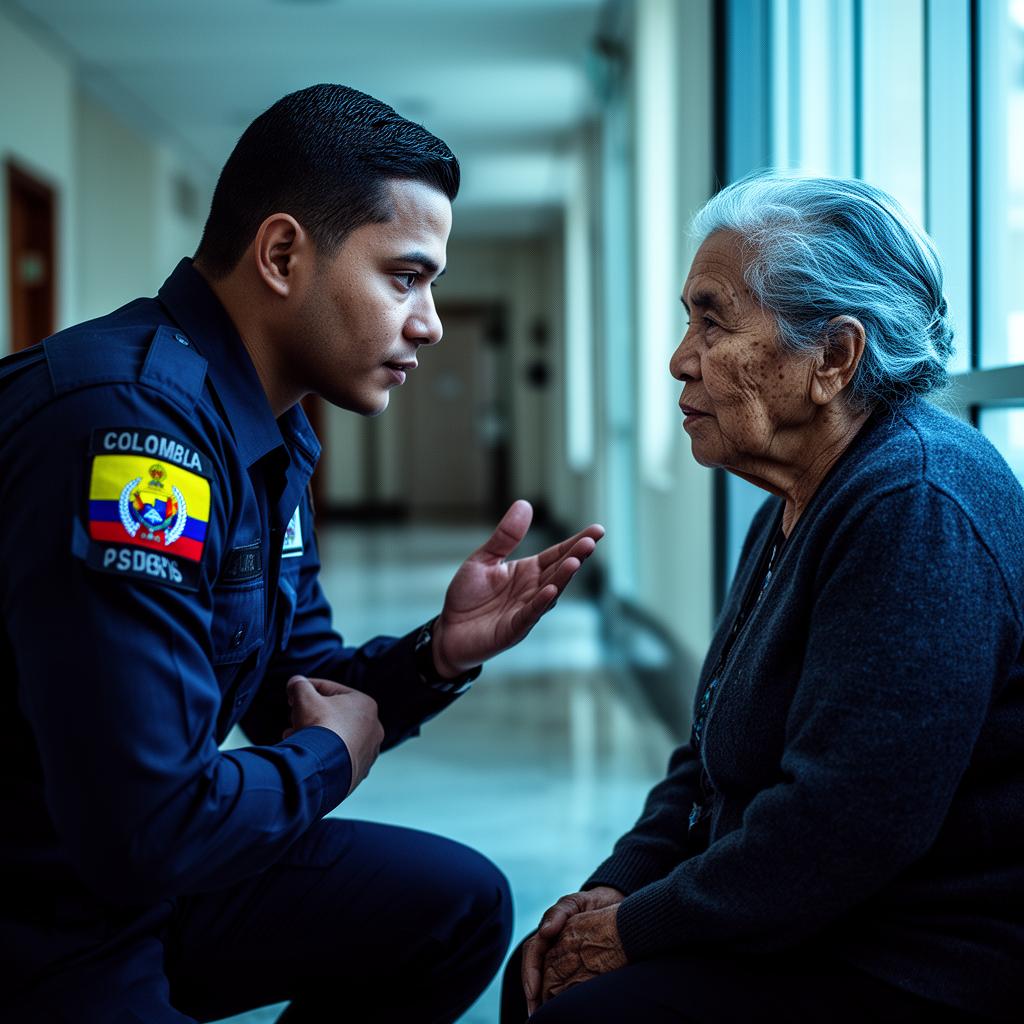 Vigilante de Ecolvip atendiendo a una adulta mayor a la altura de sus ojos, con respeto y escucha